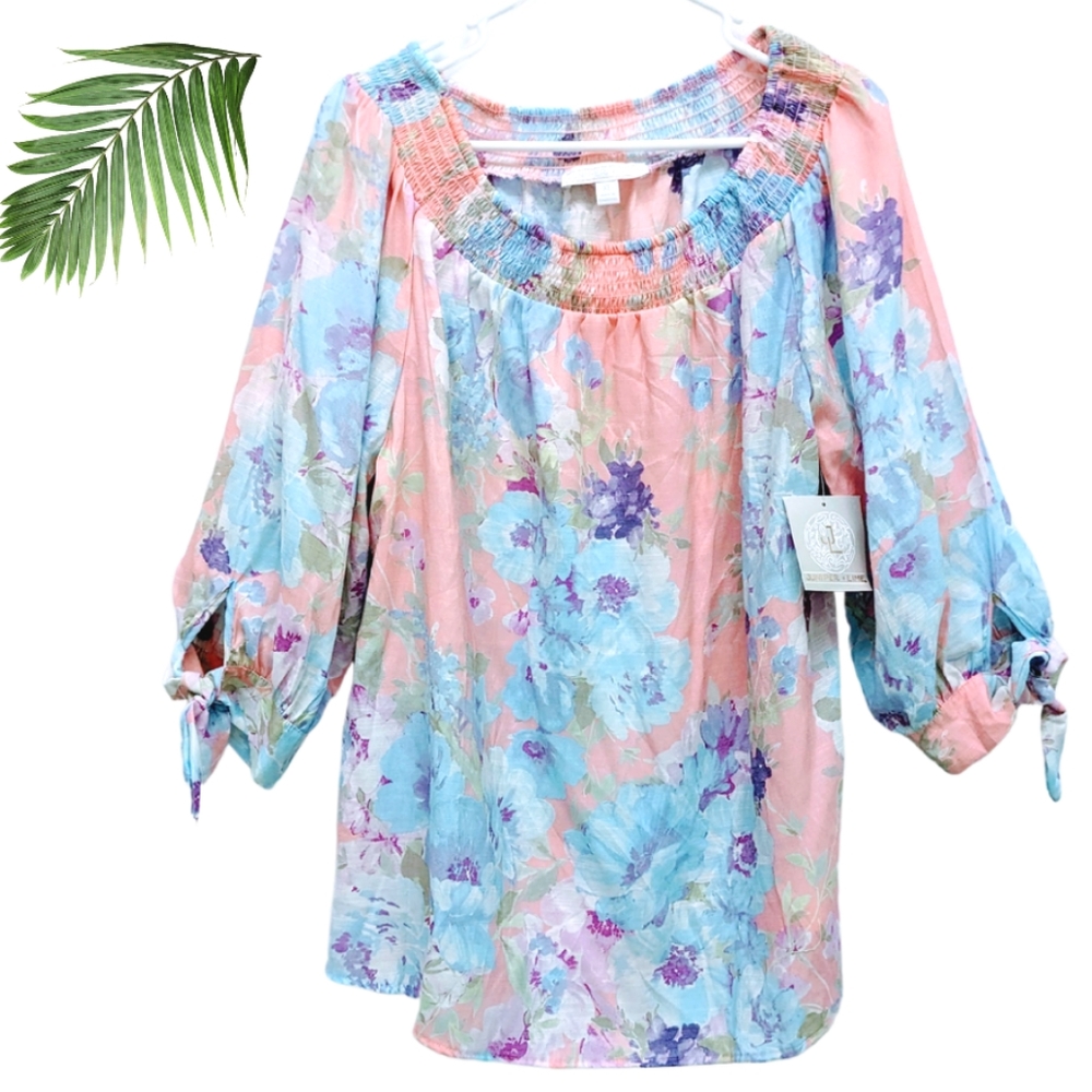 Juniper + Lime Womens Floral Print Smocked Off-Shoulder Top XL
